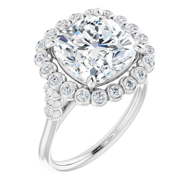 10K White Gold Customizable Cushion Cut Cathedral-Style Clustered Halo Design with Round Bezel Accents