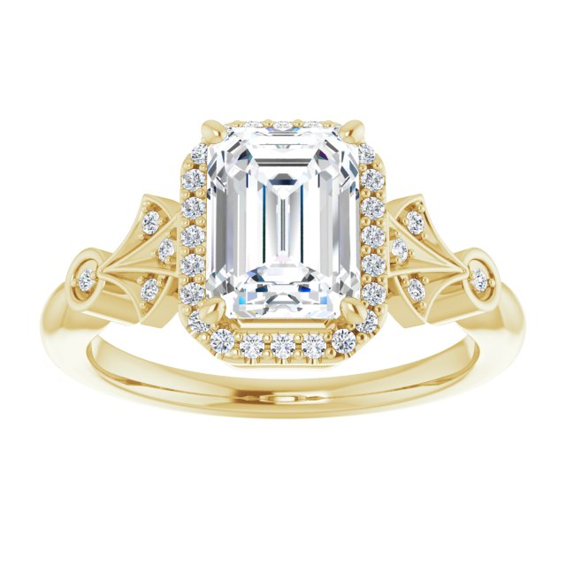 Cubic Zirconia Engagement Ring- The Zhee (Customizable Cathedral-Crown Emerald Cut Design with Halo and Scalloped Side Stones)