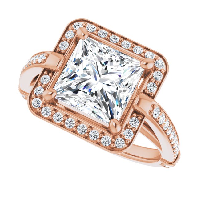 Cubic Zirconia Engagement Ring- The Ebba (Customizable High-Cathedral Princess/Square Cut Design with Halo and Shared Prong Band)