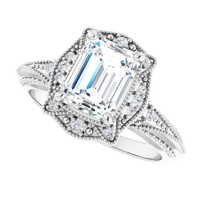 Cubic Zirconia Engagement Ring- The Ashton (Customizable Vintage Radiant Cut Design with Beaded Milgrain and Starburst Semi-Halo)