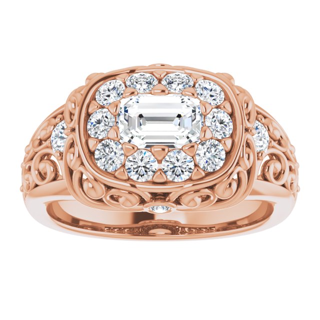 Cubic Zirconia Engagement Ring- The Vanessa (Customizable Radiant Cut Halo Style with Round Prong Side Stones and Intricate Metalwork)