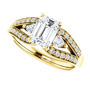 Cubic Zirconia Engagement Ring- The Karen (Customizable Enhanced 3-stone Design with Emerald Cut Center, Dual Trillion Accents and Wide Pavé-Split Band)