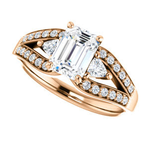 Cubic Zirconia Engagement Ring- The Karen (Customizable Enhanced 3-stone Design with Emerald Cut Center, Dual Trillion Accents and Wide Pavé-Split Band)