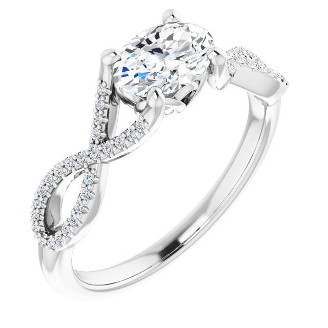 10K White Gold Customizable Oval Cut Design with Twisting Infinity-inspired, Pavé Split Band