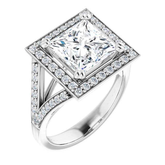 10K White Gold Customizable Cathedral-set Princess/Square Cut Style with Accented Split Band and Halo