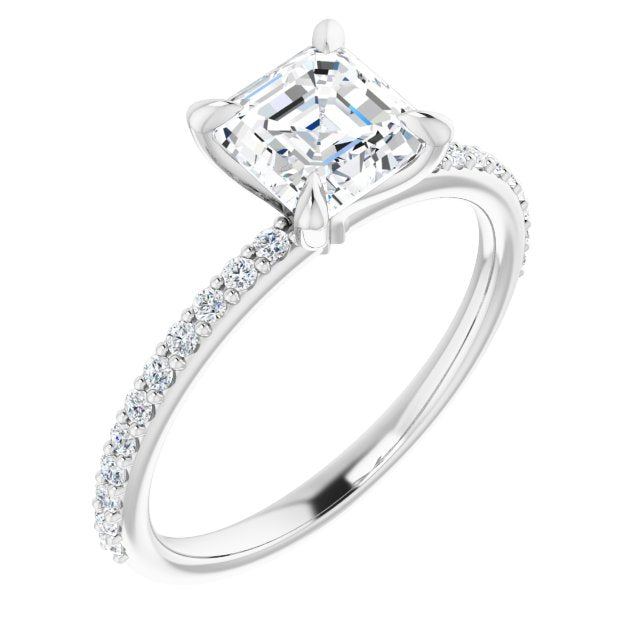 10K White Gold Customizable Asscher Cut Style with Delicate Pavé Band