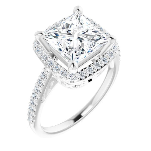 10K White Gold Customizable Cathedral-Crown Princess/Square Cut Design with Halo and Accented Band