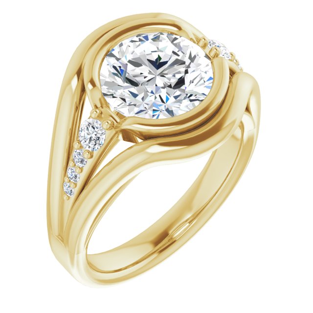 18K Yellow Gold Customizable 9-stone Round Cut Design with Bezel Center, Wide Band and Round Prong Side Stones