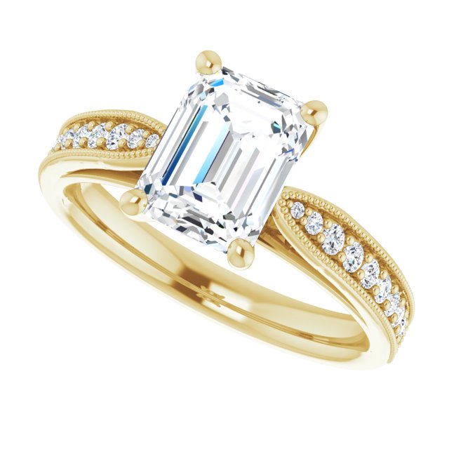 Cubic Zirconia Engagement Ring- The Carli Love (Customizable Emerald Cut Style featuring Milgrained Shared Prong Band & Dual Peekaboos)