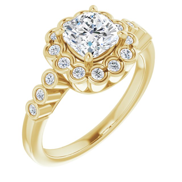 10K Yellow Gold Customizable Cushion Cut Design with Round-bezel Halo and Band Accents