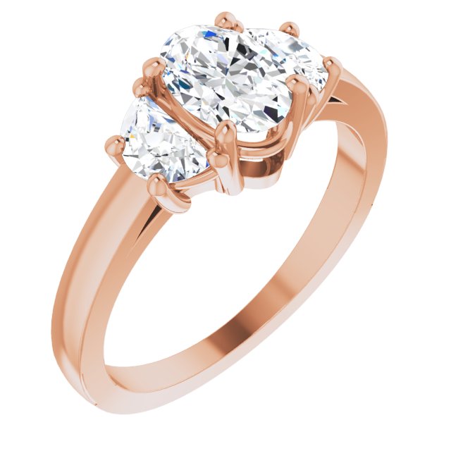 10K Rose Gold Customizable 3-stone Design with Oval Cut Center and Half-moon Side Stones