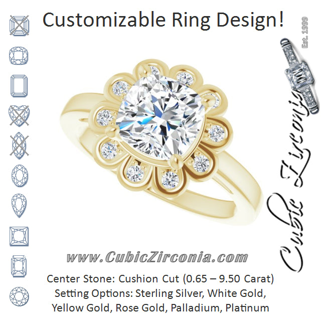 Cubic Zirconia Engagement Ring- The Mary Lou (Customizable 9-stone Cushion Cut Design with Round Bezel Side Stones)