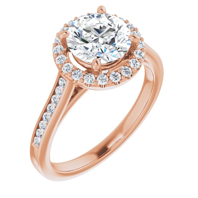 10K Rose Gold Customizable Round Cut Design with Halo, Round Channel Band and Floating Peekaboo Accents
