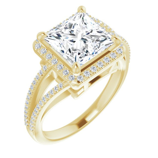 10K Yellow Gold Customizable Princess/Square Cut Vintage Design with Halo Style and Asymmetrical Split-Pavé Band
