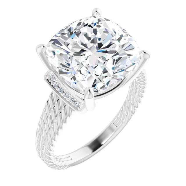 10K White Gold Customizable 11-stone Design featuring Cushion Cut Center, Vertical Round-Channel Accents & Wide Triple-Rope Band