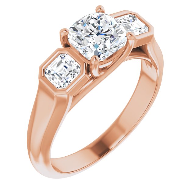 10K Rose Gold Customizable 3-stone Cathedral Cushion Cut Design with Twin Asscher Cut Side Stones
