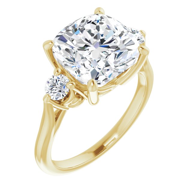 10K Yellow Gold Customizable Three-stone Cushion Cut Design with Small Round Accents and Vintage Trellis/Basket