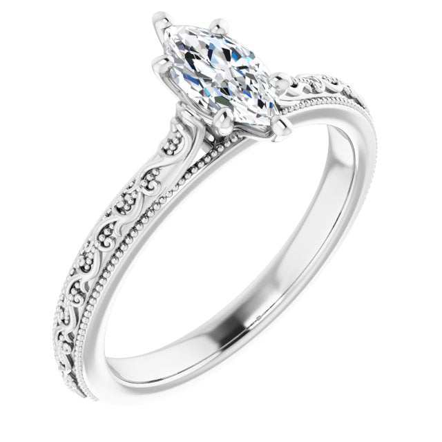 10K White Gold Customizable Marquise Cut Solitaire with Delicate Milgrain Filigree Band
