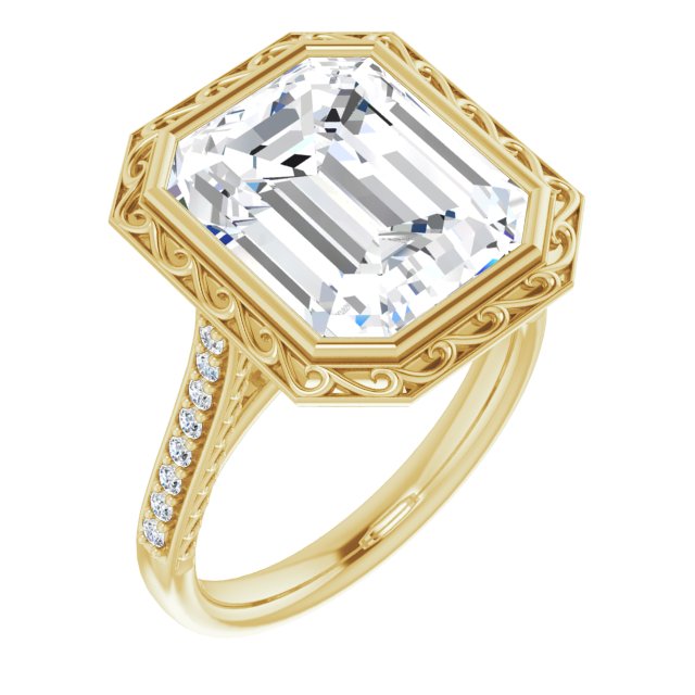 10K Yellow Gold Customizable Cathedral-Bezel Emerald/Radiant Cut Design featuring Accented Band with Filigree Inlay