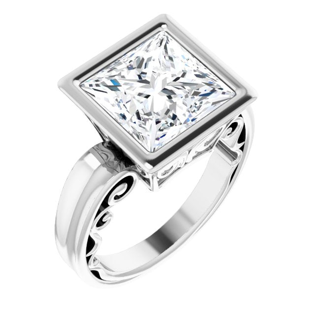 10K White Gold Customizable Bezel-set Princess/Square Cut Solitaire with Wide 3-sided Band