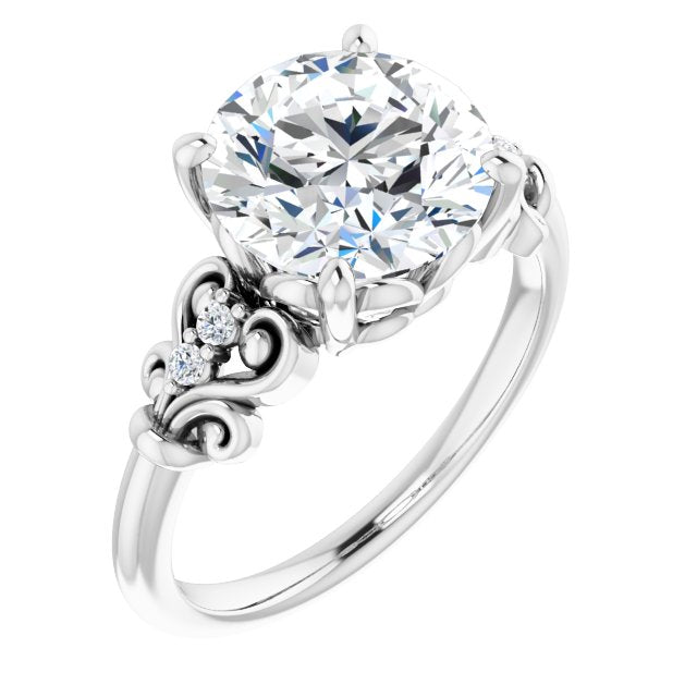 18K White Gold Customizable Vintage 5-stone Design with Round Cut Center and Artistic Band Décor