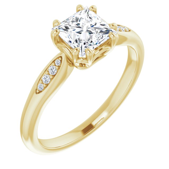 10K Yellow Gold Customizable 9-stone Princess/Square Cut Design with 8-prong Decorative Basket & Round Cut Side Stones