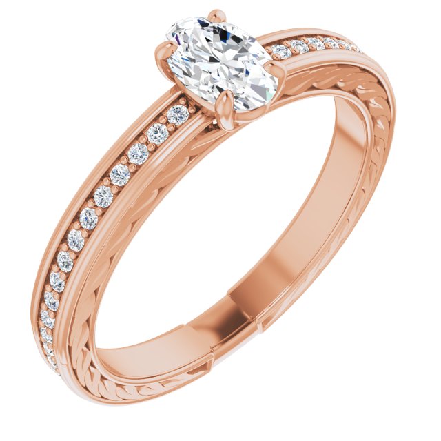 10K Rose Gold Customizable Oval Cut Design with Rope-Filigree Hammered Inlay & Round Channel Accents
