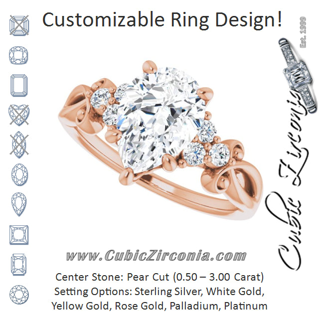 Cubic Zirconia Engagement Ring- The Adele (Customizable 7-stone Pear Cut Design with Tri-Cluster Accents and Teardrop Fleur-de-lis Motif)