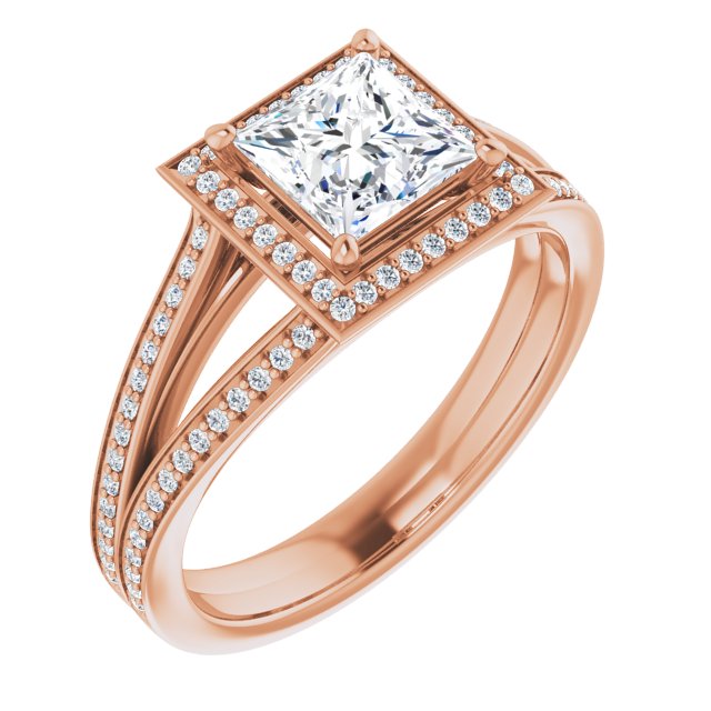 10K Rose Gold Customizable Princess/Square Cut Design with Split-Band Shared Prong & Halo