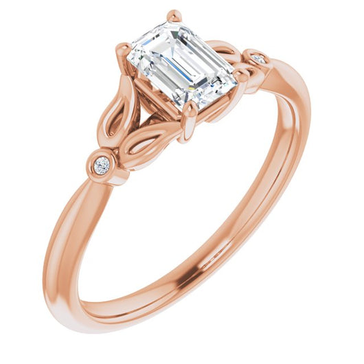 10K Rose Gold Customizable 3-stone Emerald/Radiant Cut Design with Thin Band and Twin Round Bezel Side Stones