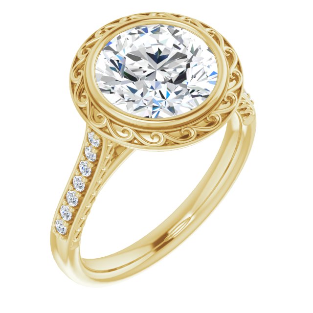 10K Yellow Gold Customizable Cathedral-Bezel Round Cut Design featuring Accented Band with Filigree Inlay