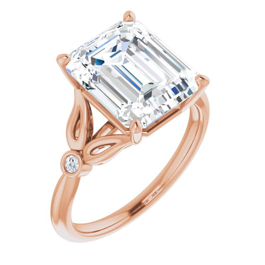 10K Rose Gold Customizable 3-stone Emerald/Radiant Cut Design with Thin Band and Twin Round Bezel Side Stones