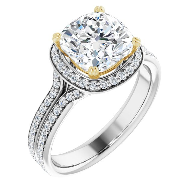 14K White & Yellow Gold Customizable Cathedral-set Cushion Cut Style with Split-Pav? Band
