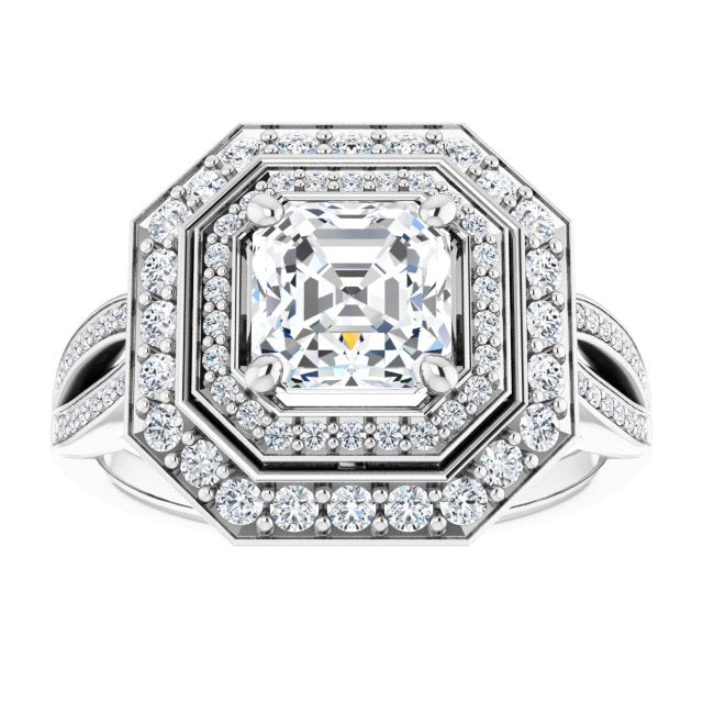 Cubic Zirconia Engagement Ring- The Henrika (Customizable Cathedral-style Asscher Cut Design with Double Halo & Split-Pavé Band)