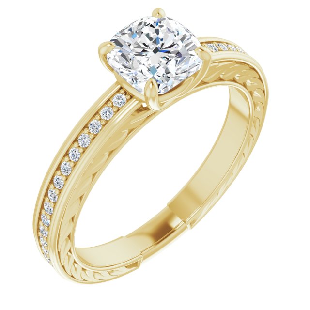 10K Yellow Gold Customizable Cushion Cut Design with Rope-Filigree Hammered Inlay & Round Channel Accents