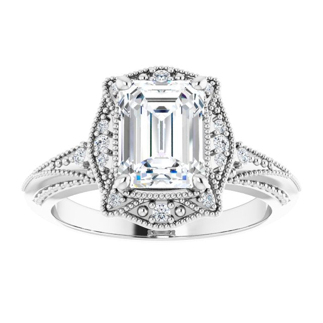 Cubic Zirconia Engagement Ring- The Ashton (Customizable Vintage Radiant Cut Design with Beaded Milgrain and Starburst Semi-Halo)