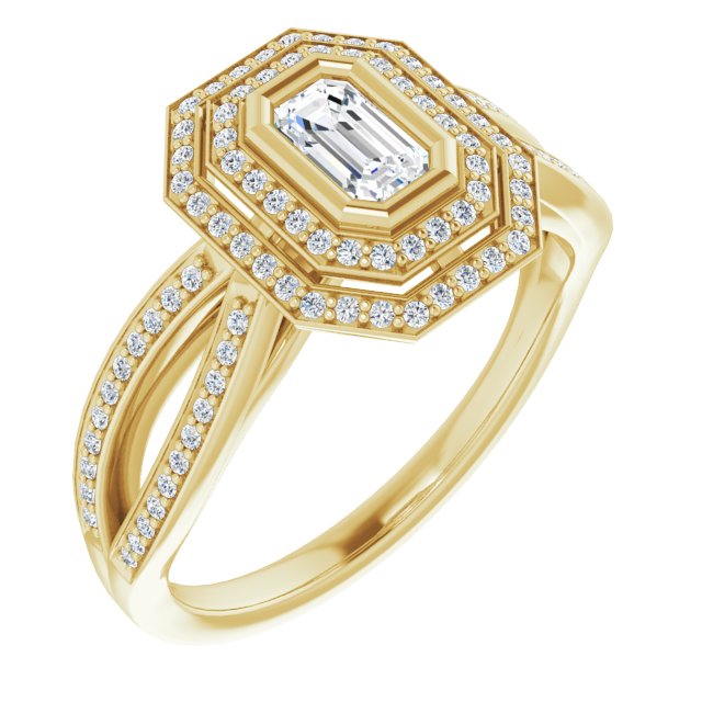 10K Yellow Gold Customizable Bezel-set Emerald/Radiant Cut Style with Double Halo and Split Shared Prong Band