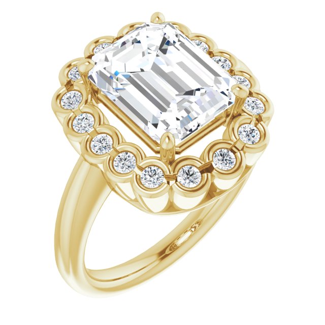 10K Yellow Gold Customizable 13-stone Emerald/Radiant Cut Design with Floral-Halo Round Bezel Accents