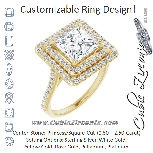 Cubic Zirconia Engagement Ring- The Danielle (Customizable Double-Halo Princess/Square Cut Design with Accented Split Band)