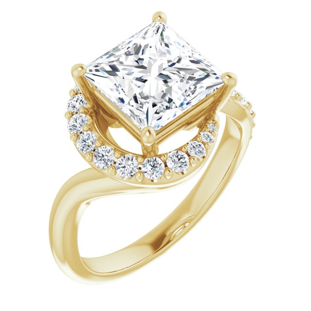 10K Yellow Gold Customizable Princess/Square Cut Design with Swooping Pavé Bypass Band