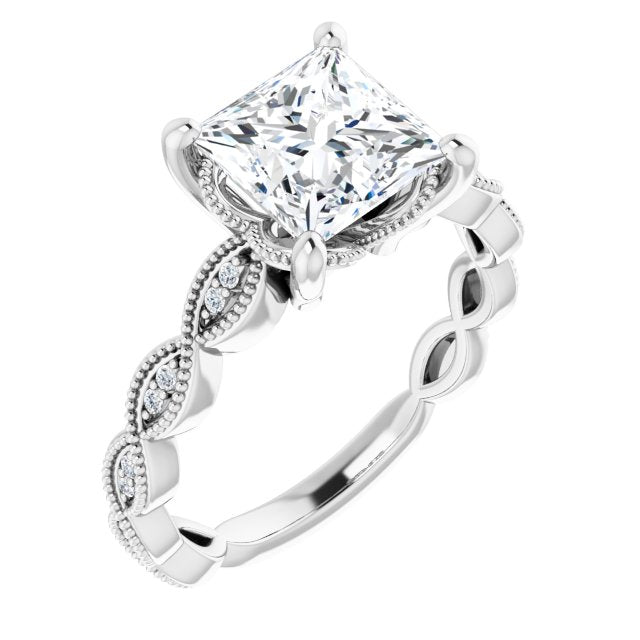 10K White Gold Customizable Princess/Square Cut Artisan Design with Scalloped, Round-Accented Band and Milgrain Detail