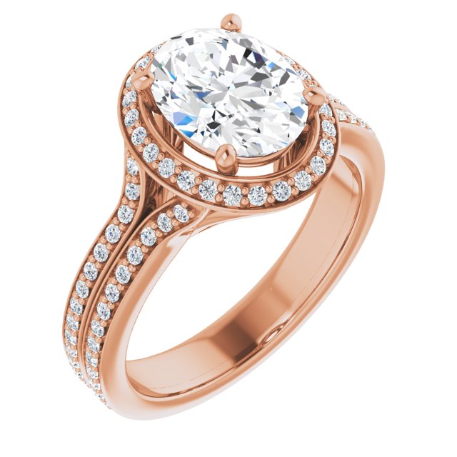 10K Rose Gold Customizable Cathedral-raised Oval Cut Setting with Halo and Shared Prong Band