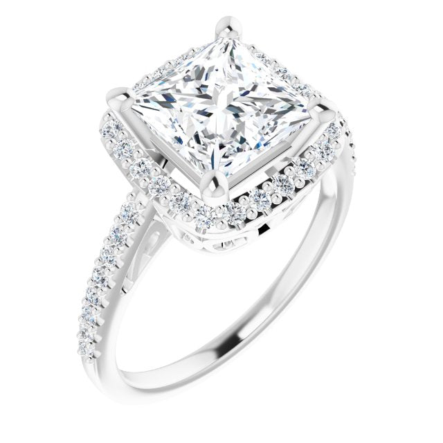 Cubic Zirconia Engagement Ring- The Zaya (Customizable Cathedral-Crown Princess/Square Cut Design with Halo and Accented Band)