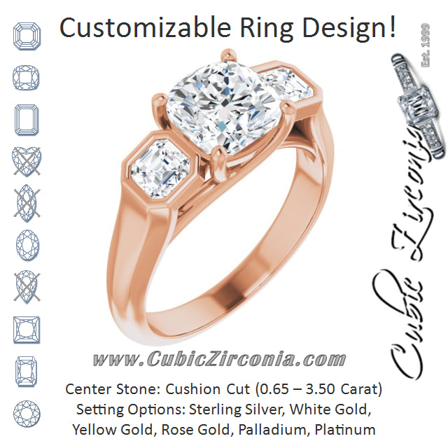 Cubic Zirconia Engagement Ring- The Alana Marie (Customizable 3-stone Cathedral Cushion Cut Design with Twin Asscher Cut Side Stones)