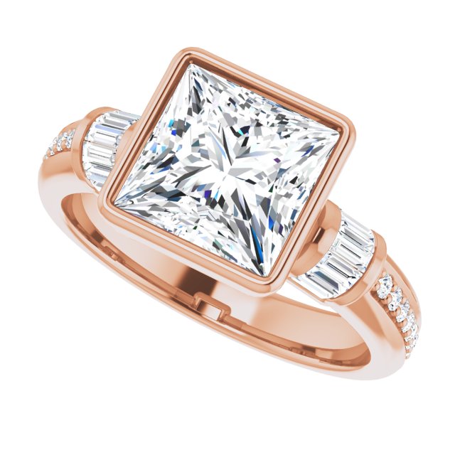 Cubic Zirconia Engagement Ring- The Danna (Customizable Cathedral-Bezel Princess/Square Cut Style with Horizontal Baguettes & Shared Prong Band)