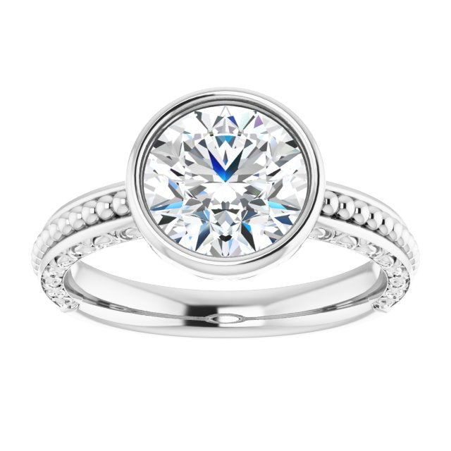 Cubic Zirconia Engagement Ring- The Cheyenne (Customizable Bezel-set Round Cut Solitaire with Beaded and Carved Three-sided Band)