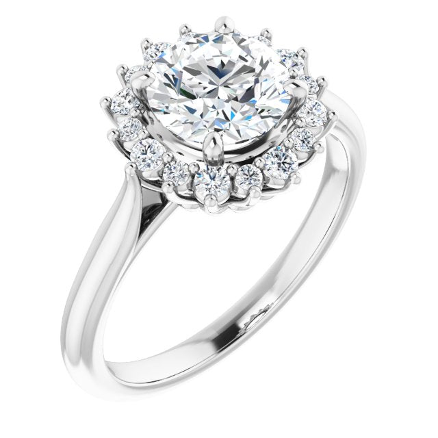 10K White Gold Customizable Crown-Cathedral Round Cut Design with Clustered Large-Accent Halo & Ultra-thin Band