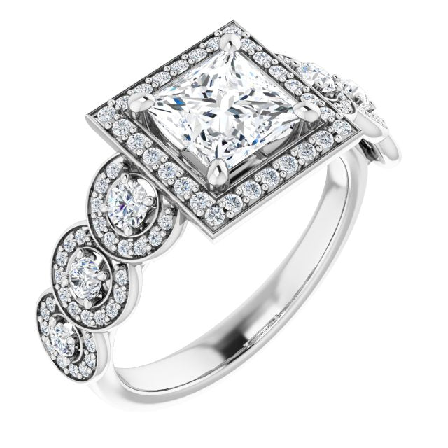 10K White Gold Customizable Cathedral-set Princess/Square Cut 7-stone style Enhanced with 7 Halos