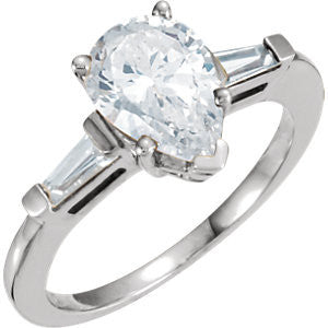 Cubic Zirconia Engagement Ring- The Camelia (3-Stone Design with Pear Cut Center and Dual Baguette Accents)