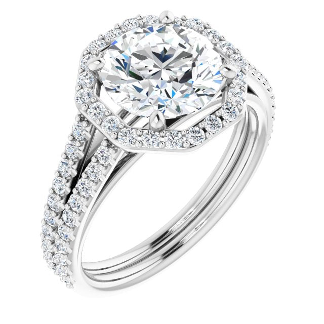 Cubic Zirconia Engagement Ring- The Danieela (Customizable Cathedral Round Cut Design with Geometric Halo & Split Pavé Band)